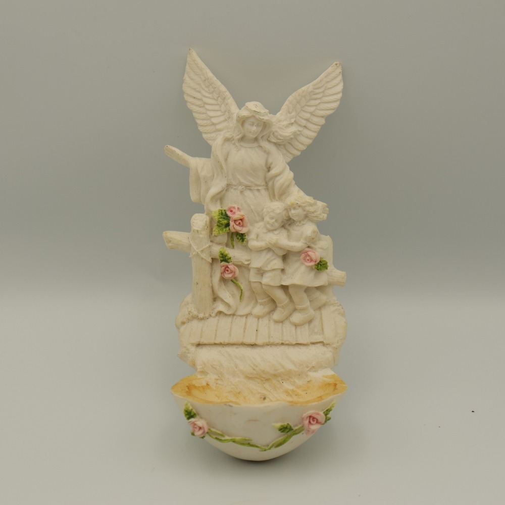 Vintage Holy Water Font Guardian Angel Kids Roses Ceramic Bless Catholic Roman